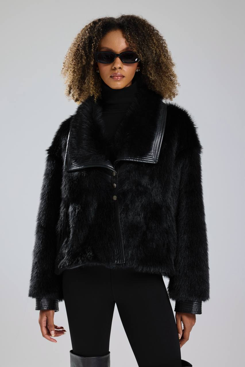 Kadın Kürk Yakası Kolları Deri Detaylı Premium Kalite Tasarım Kaban Mont