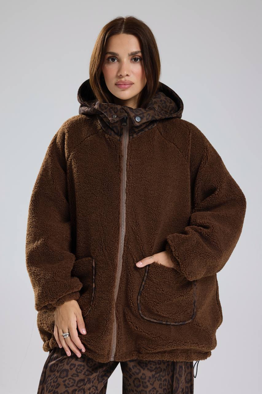 Kadın Leopar Süet Kumaş Çift Taraflı Giyilebilen Peluş Tasarım Mont Kaban