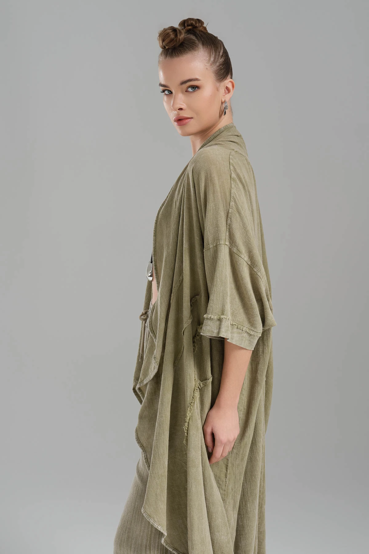 Kadın Parçaboya Keten Oversize Tasarım Uzun Ceket 