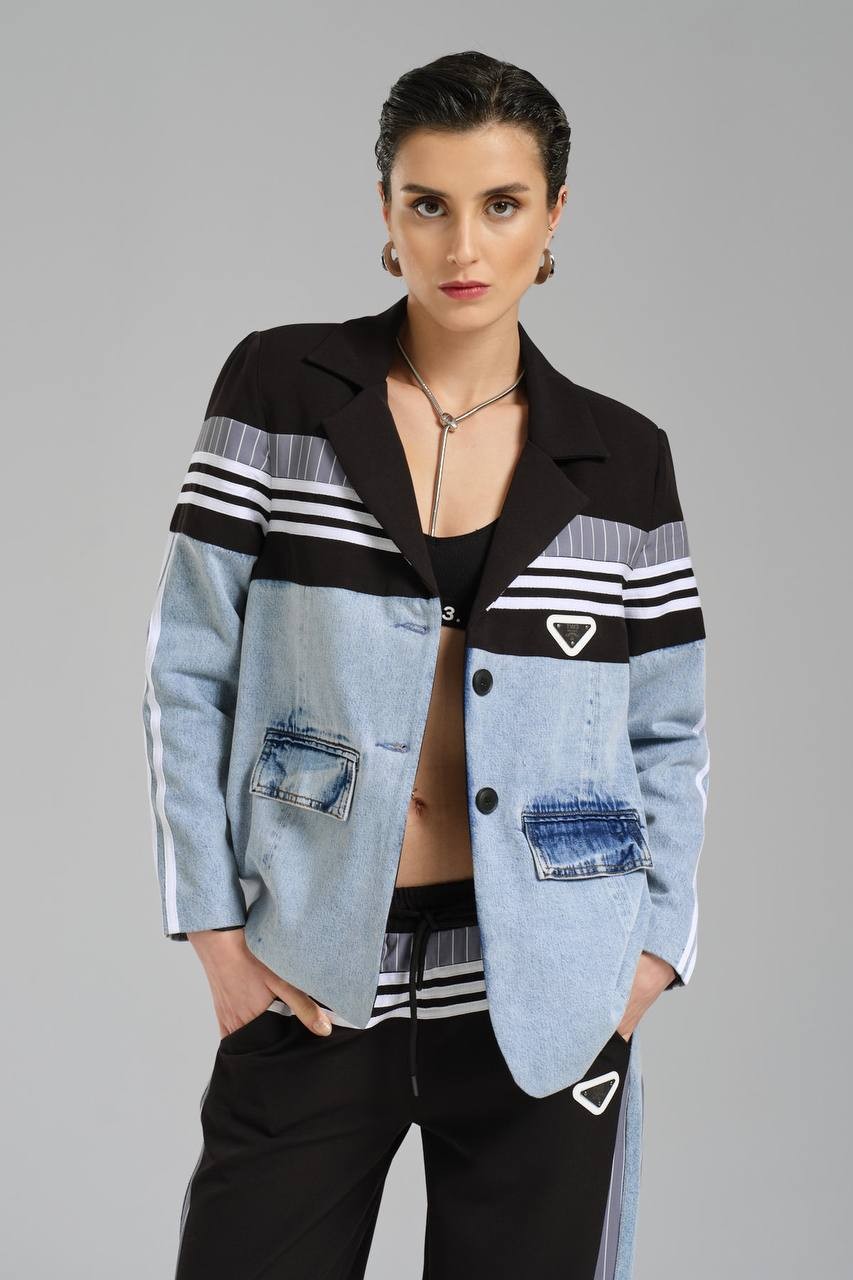 Kadın Şerit Detaylı ve Denim Garnili Tasarım Blazer Ceket