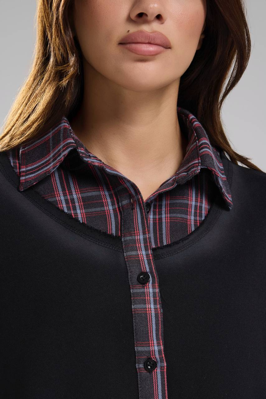 Kadın Ekose ve Örme Kumaş Garnili Tasarım Gömlek