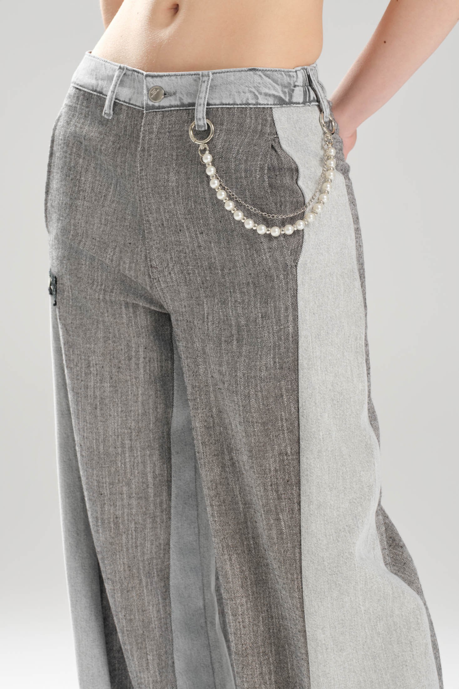 Kadın İnci Zincir Aksesuarlı Denim Kumaş Garnili Tasarım Pantolon