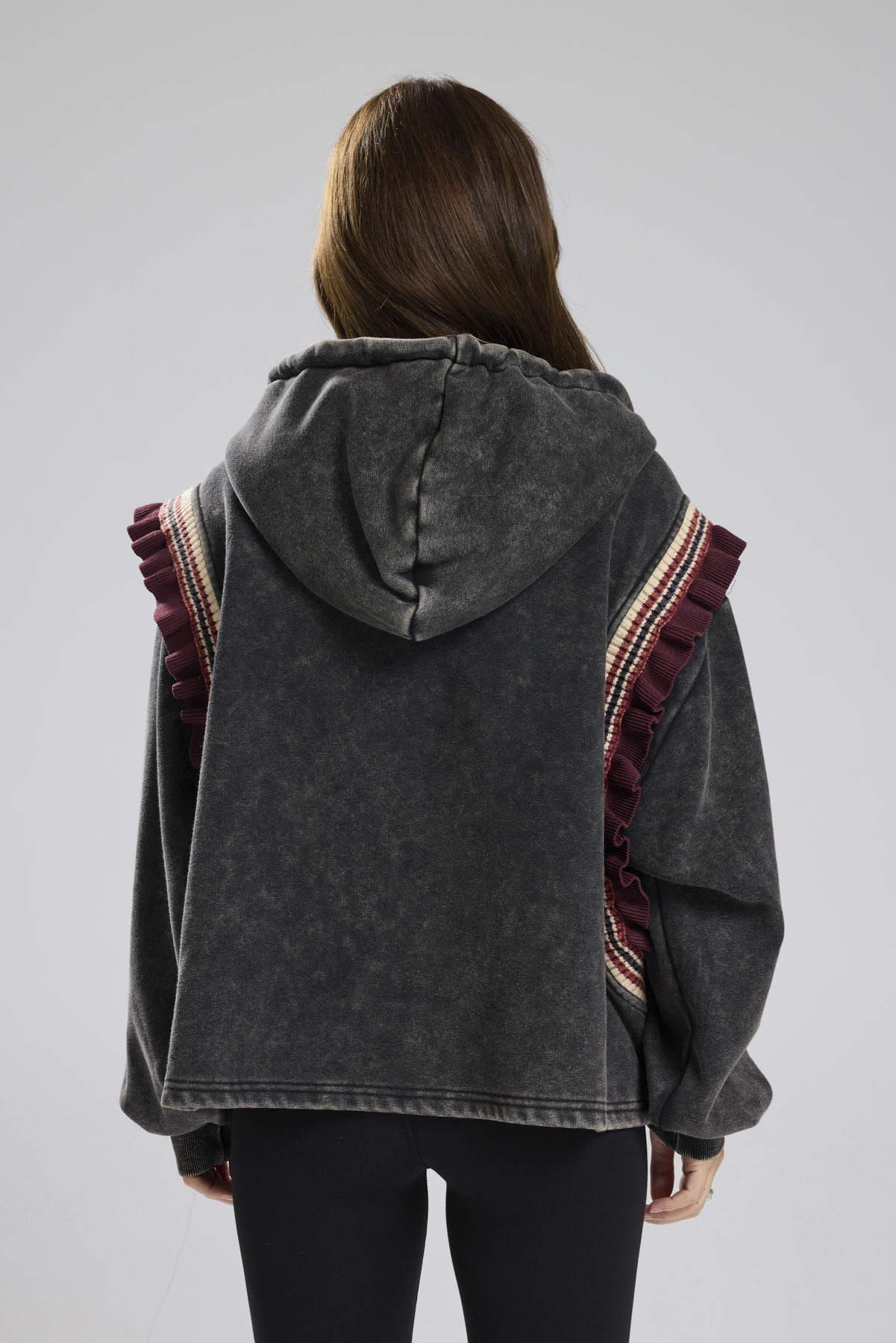 Kadın Yıkamalı Kolları Triko Fır Fır Detaylı Kapüşonlu Tasarım Sweatshirt