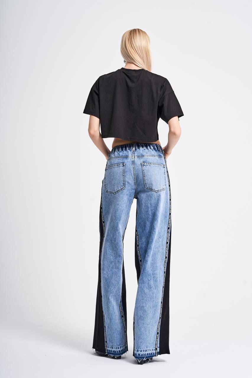 Black Gabardine Fabric Garnished, Striped Wide Leg Jean