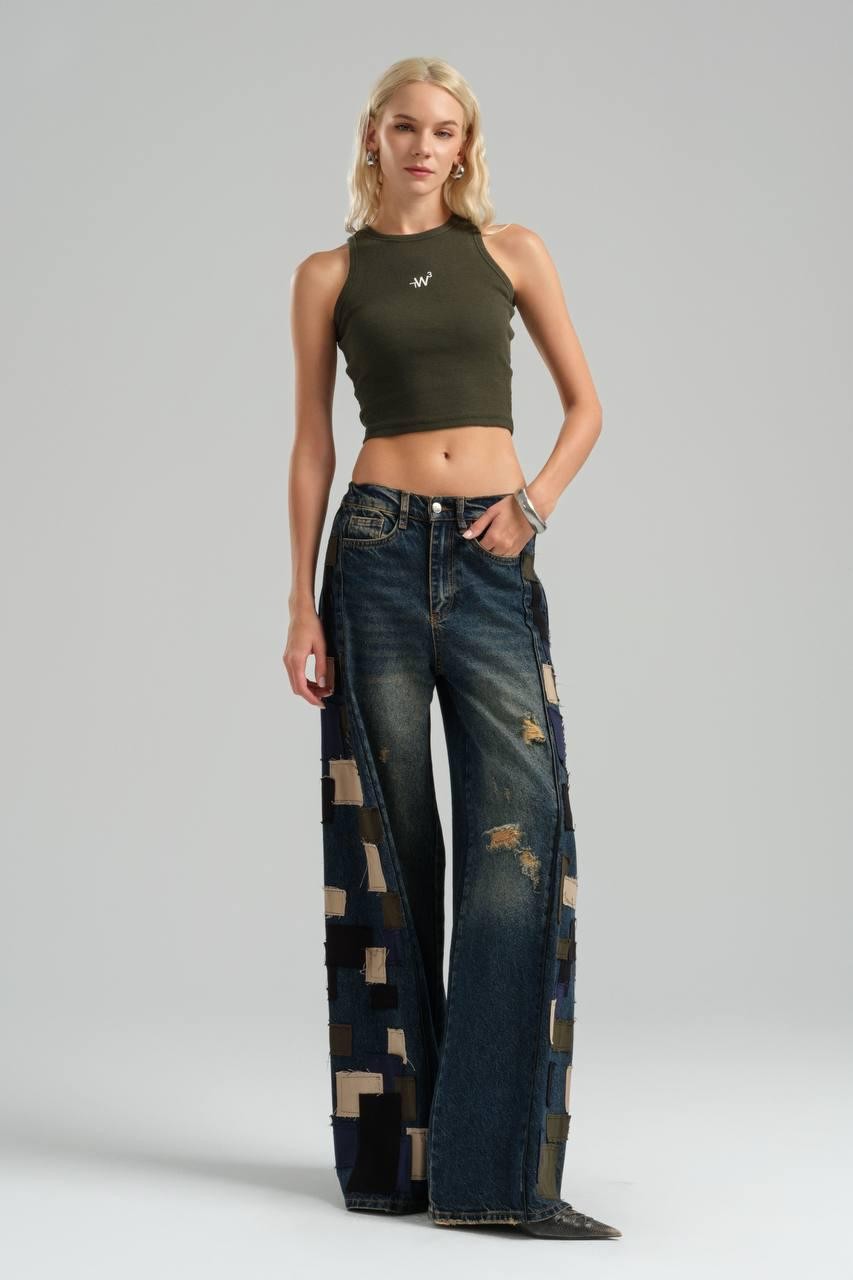 Wide Leg Jeans with Side Cutouts and Elastic Back Belt