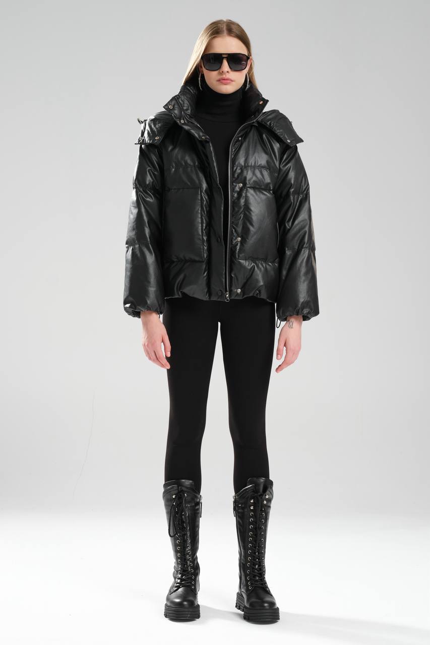 Kadın Suni Deri Kaz Tüyü Dolumlu Kapşonlu Tasarım Mont