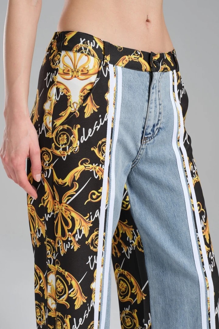 Women's Baroque Patterned Denim Fabric Garnished Leg Slit Design Palazzo Jean