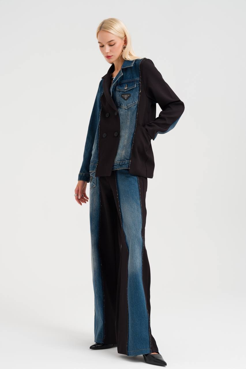Denim Kumaş Garnili Kadın Tasarım Bol Paça Pantolon
