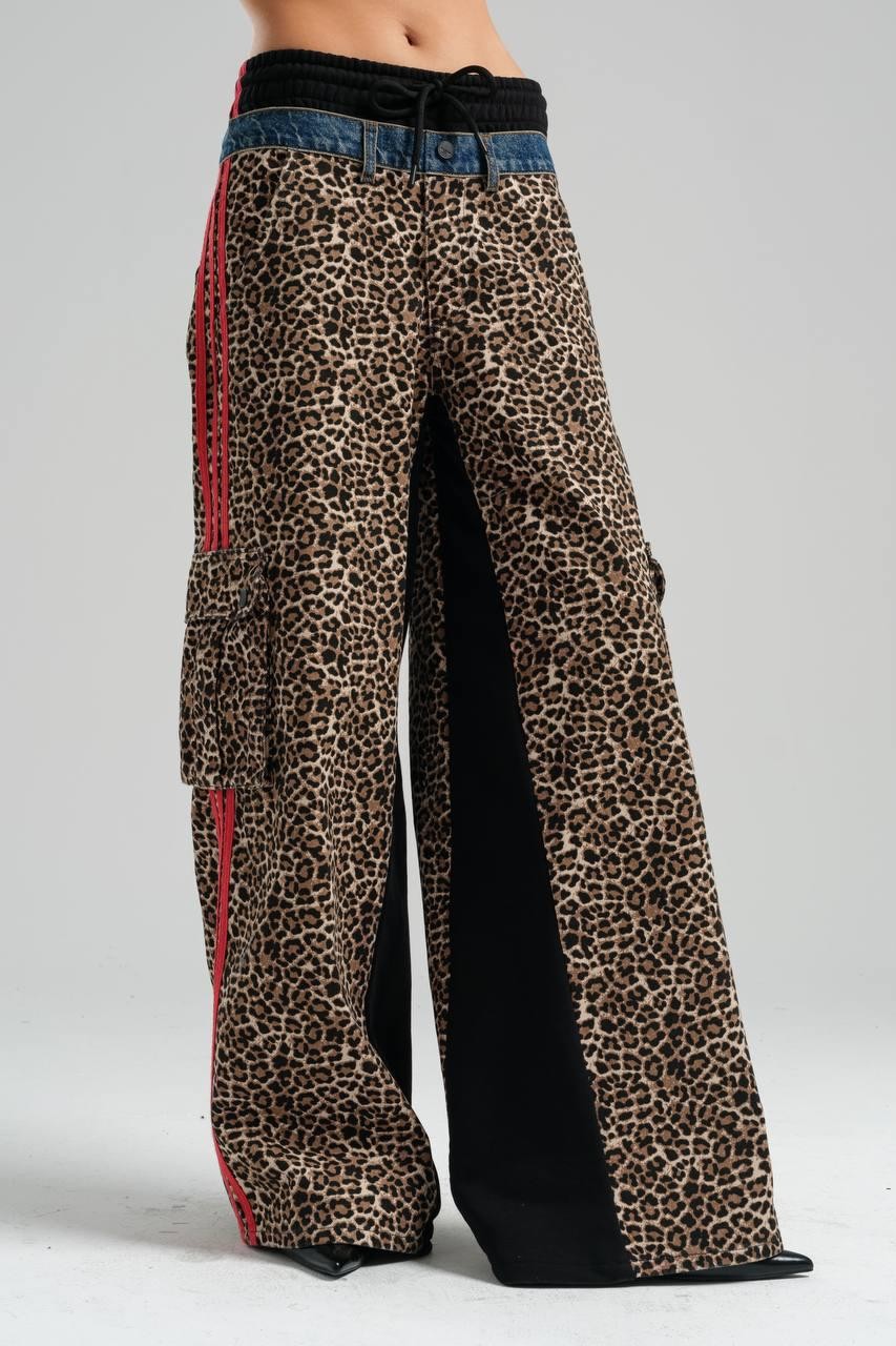 Leopard Patterned Gabardine Wide Leg Trousers