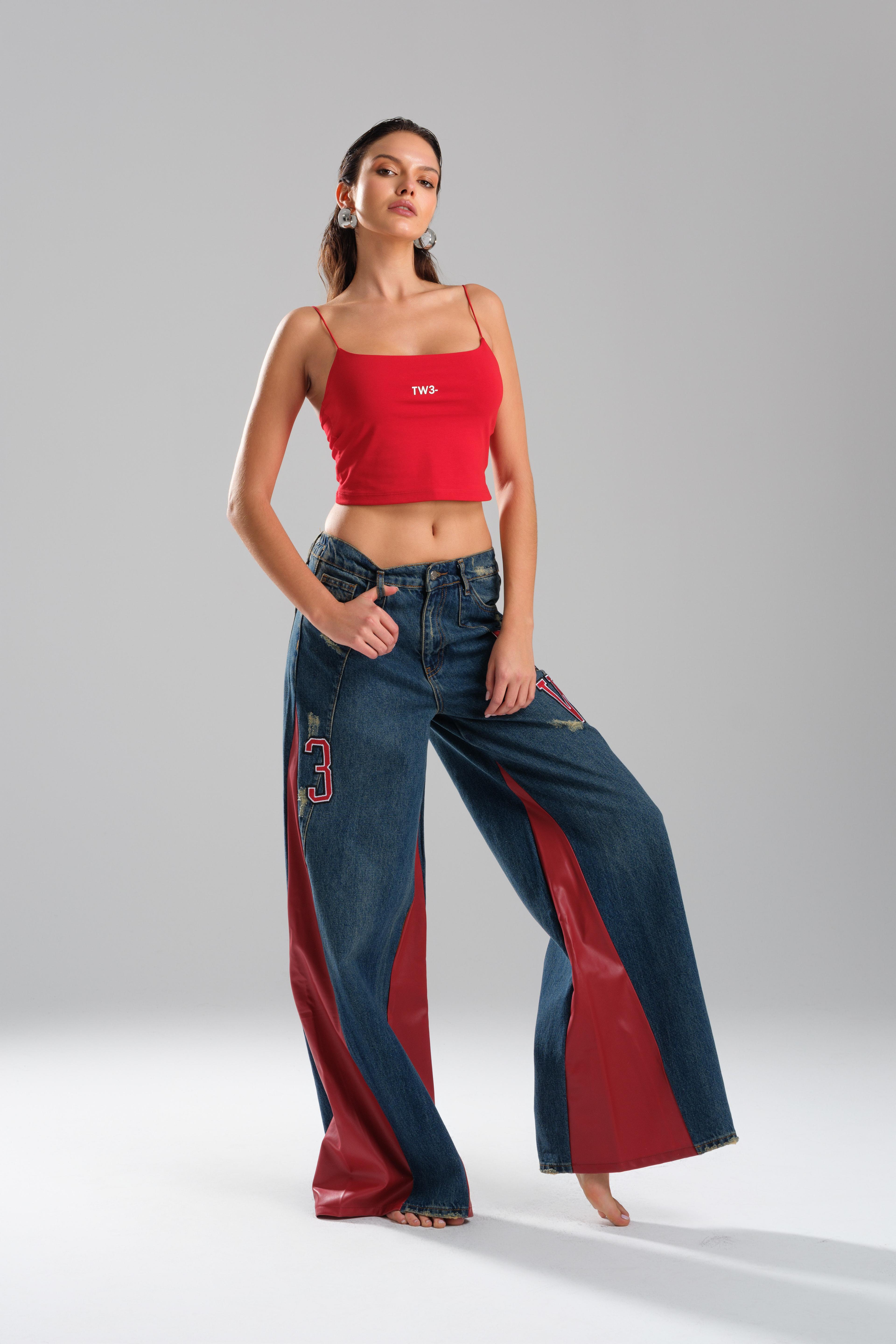 Leather Detailed Wide Leg Jean