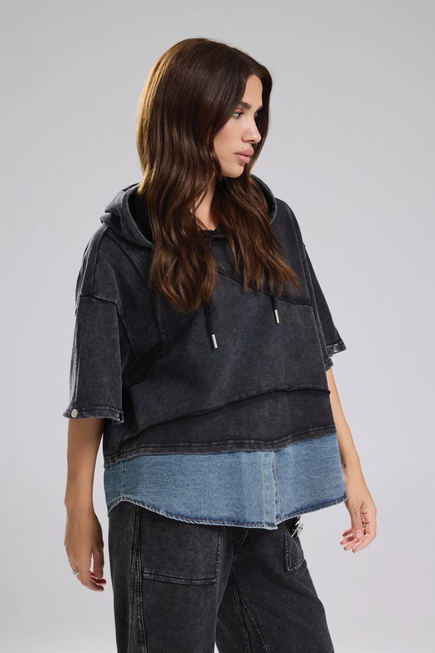 Kadın Denim Garnili Kolları Ayrılabilen Yıkamalı Tasarım Sweatshirt