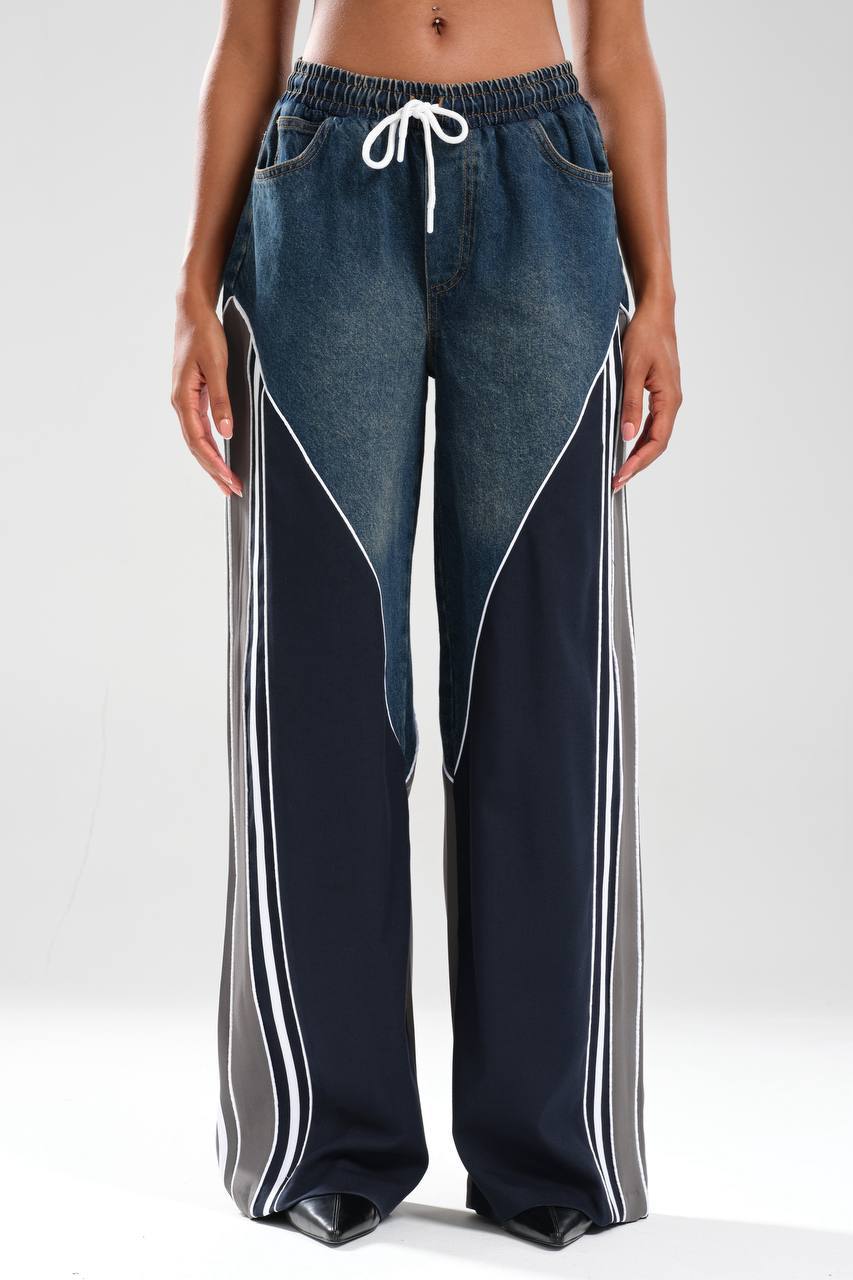 Kadın Denim Garnili Şerit Detaylı Tasarım Pantolon