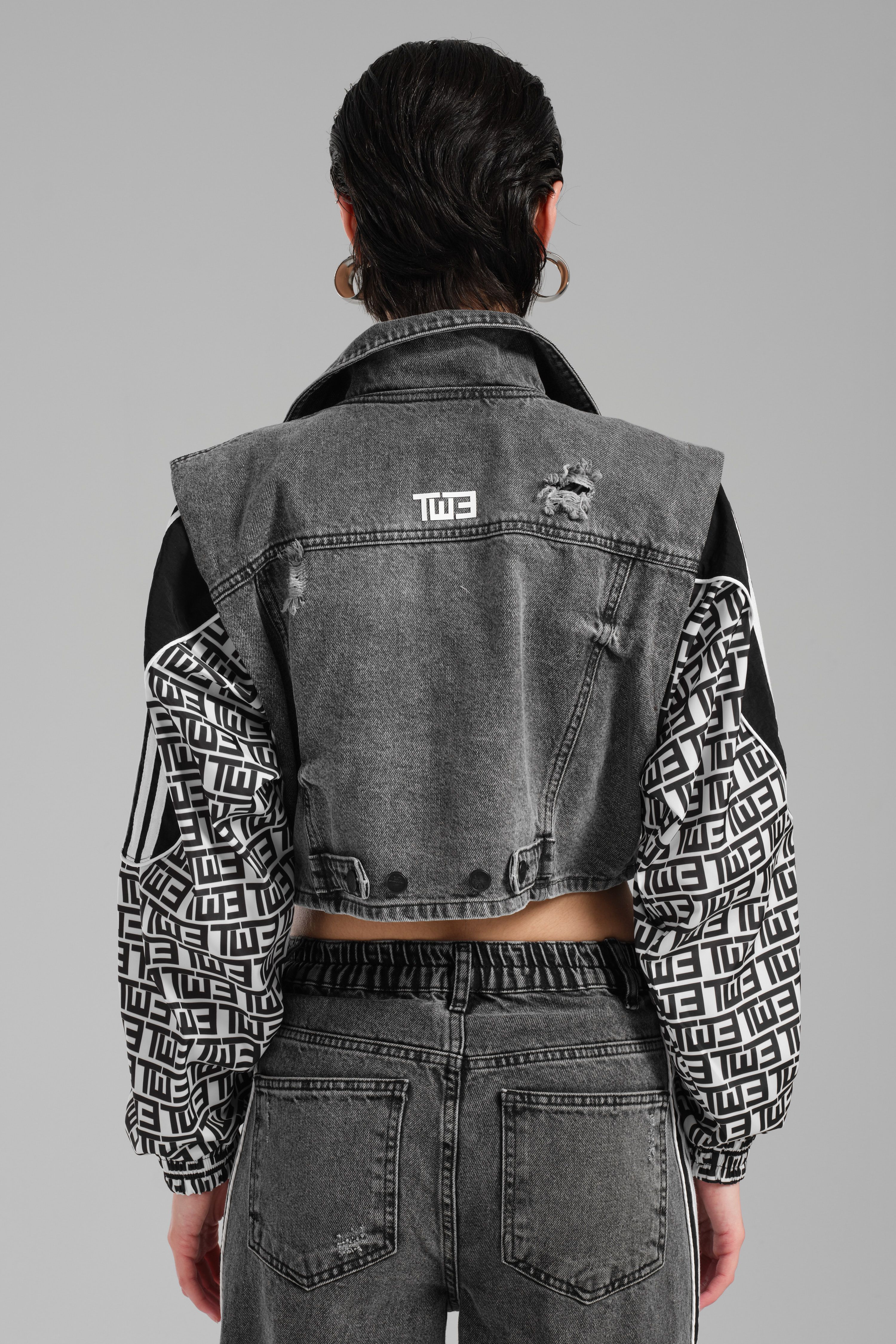 Kadın Garnili Kollar Şeritli Crop Jean Ceket