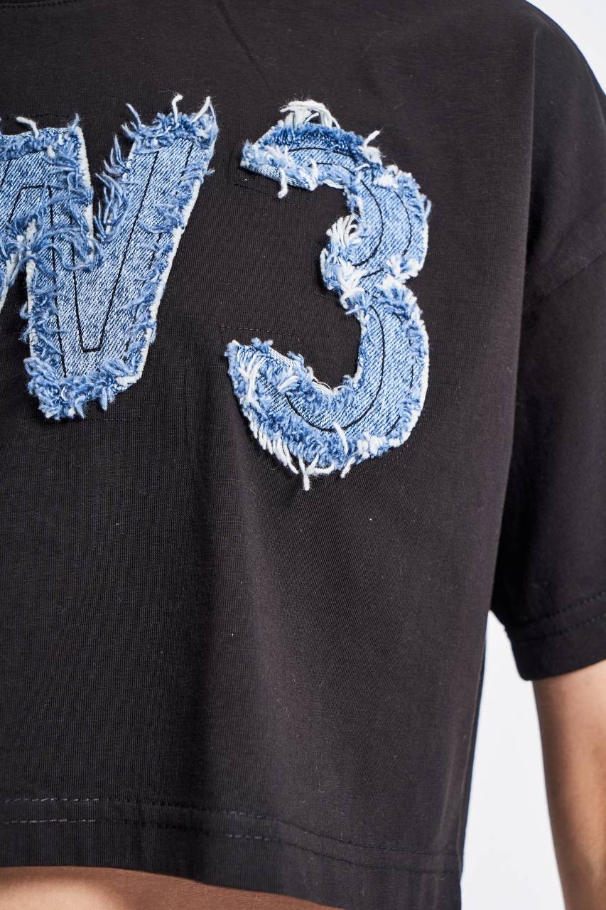 Denim Logo Aplikeli Tasarım Kadın Crop Tshirt