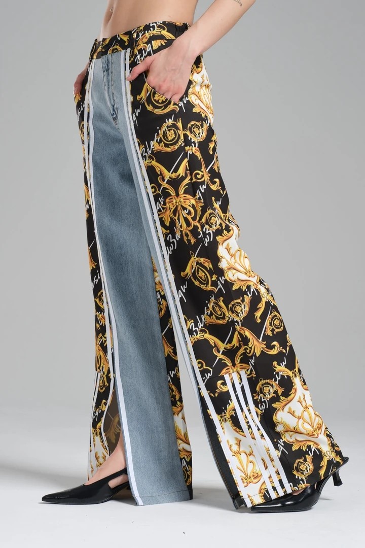 Women's Baroque Patterned Denim Fabric Garnished Leg Slit Design Palazzo Jean