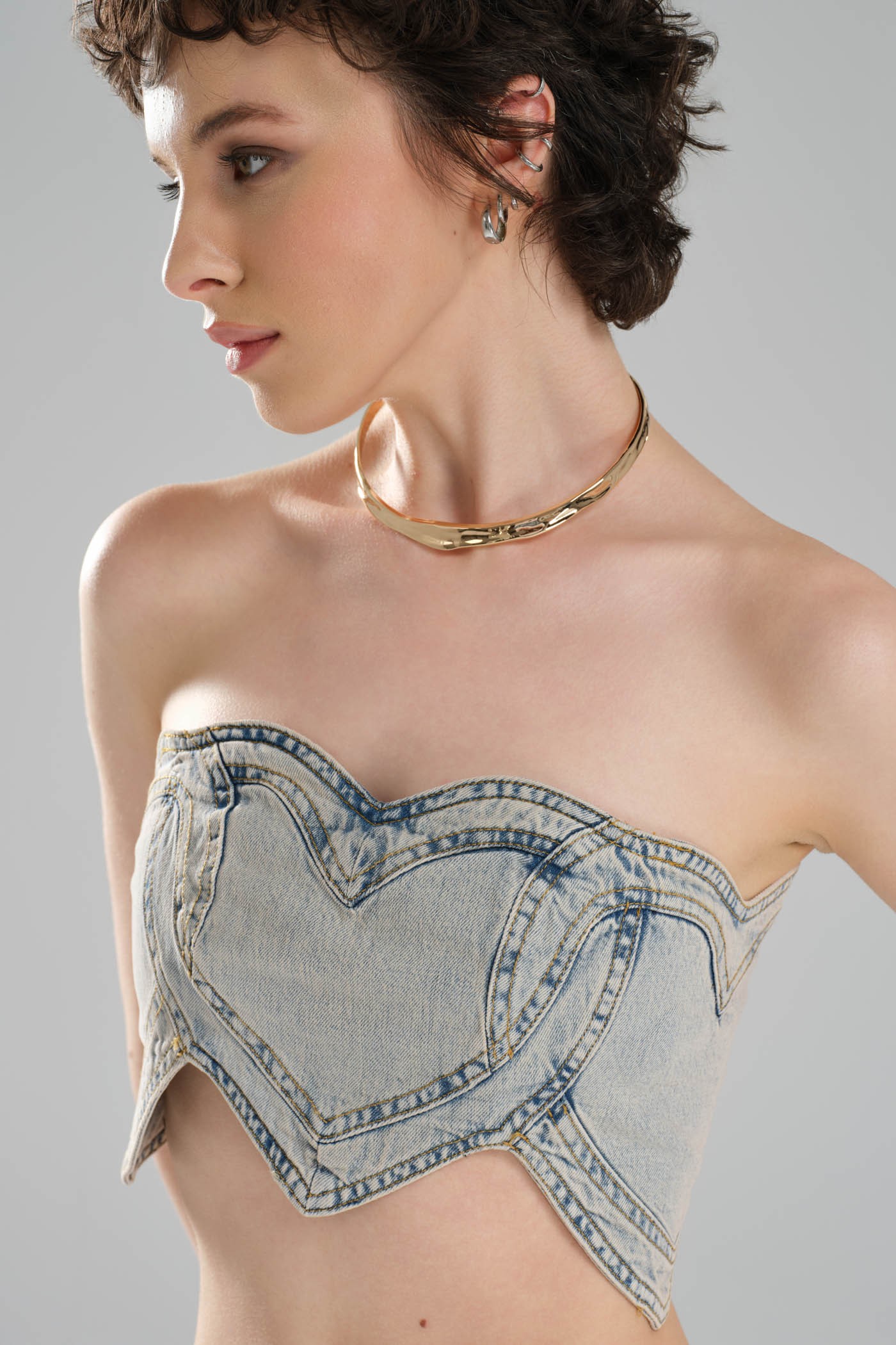 Kadın Kalp Detaylı Tasarım Denim Crop Büstiyer
