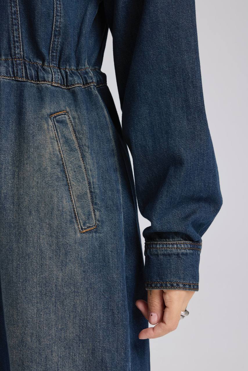 Kadın Denim Kumaş Ve Örme Kumaş Garnili Tulum