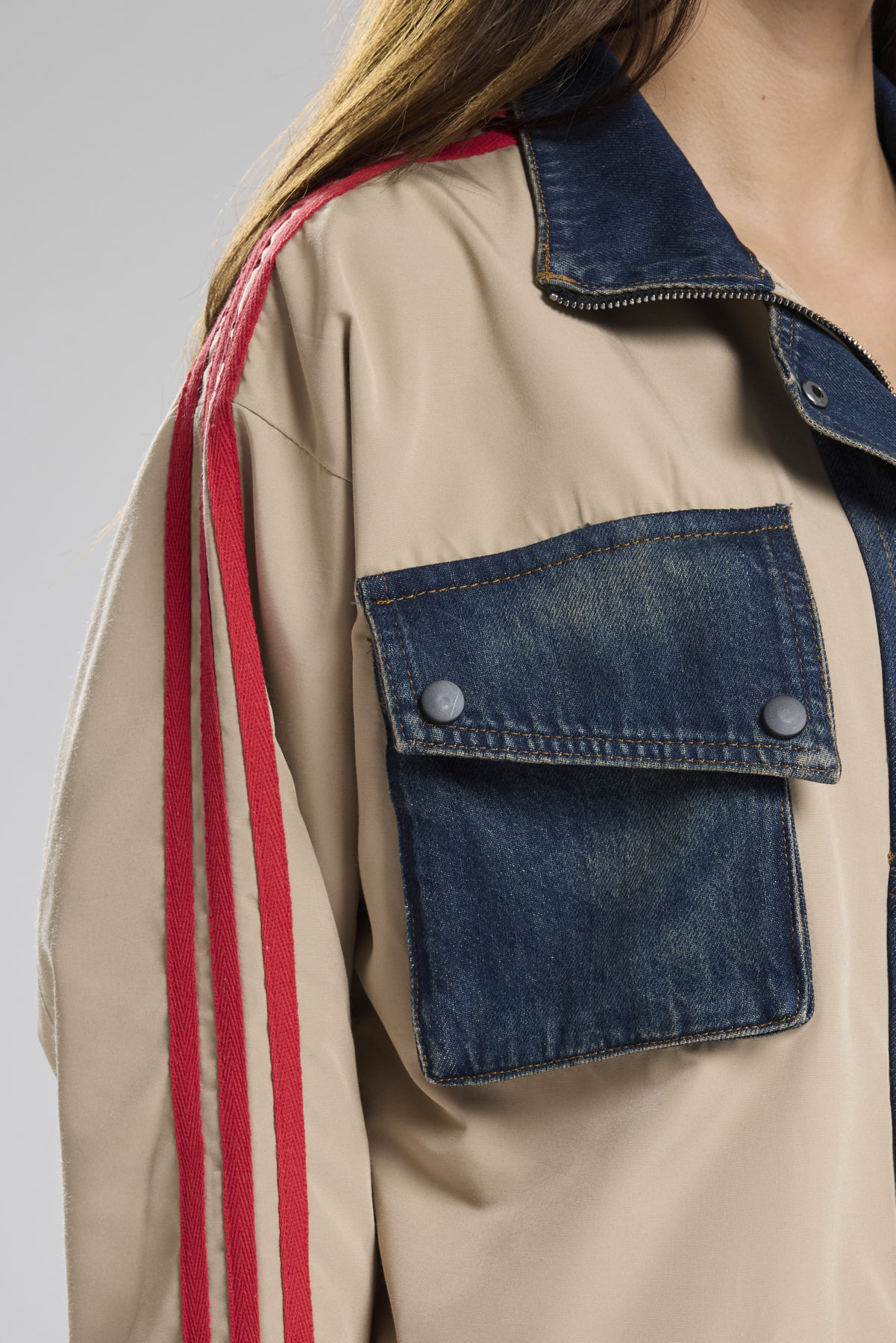 Kadın Şerit Detaylı Denim Garnili Tasarım Ceket
