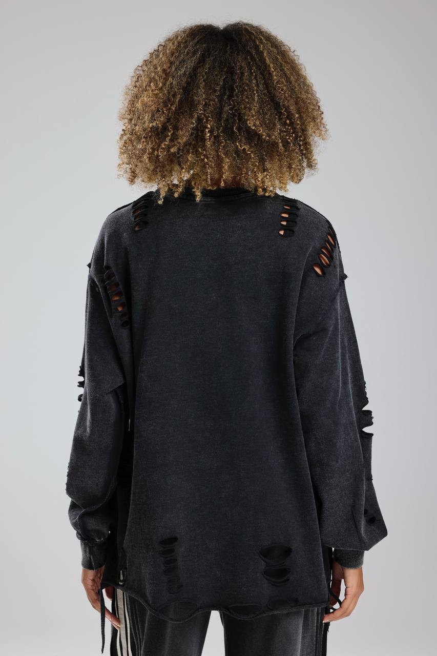 Kadın Yıkamalı Lazer Kesikli Tasarım Sweatshirt