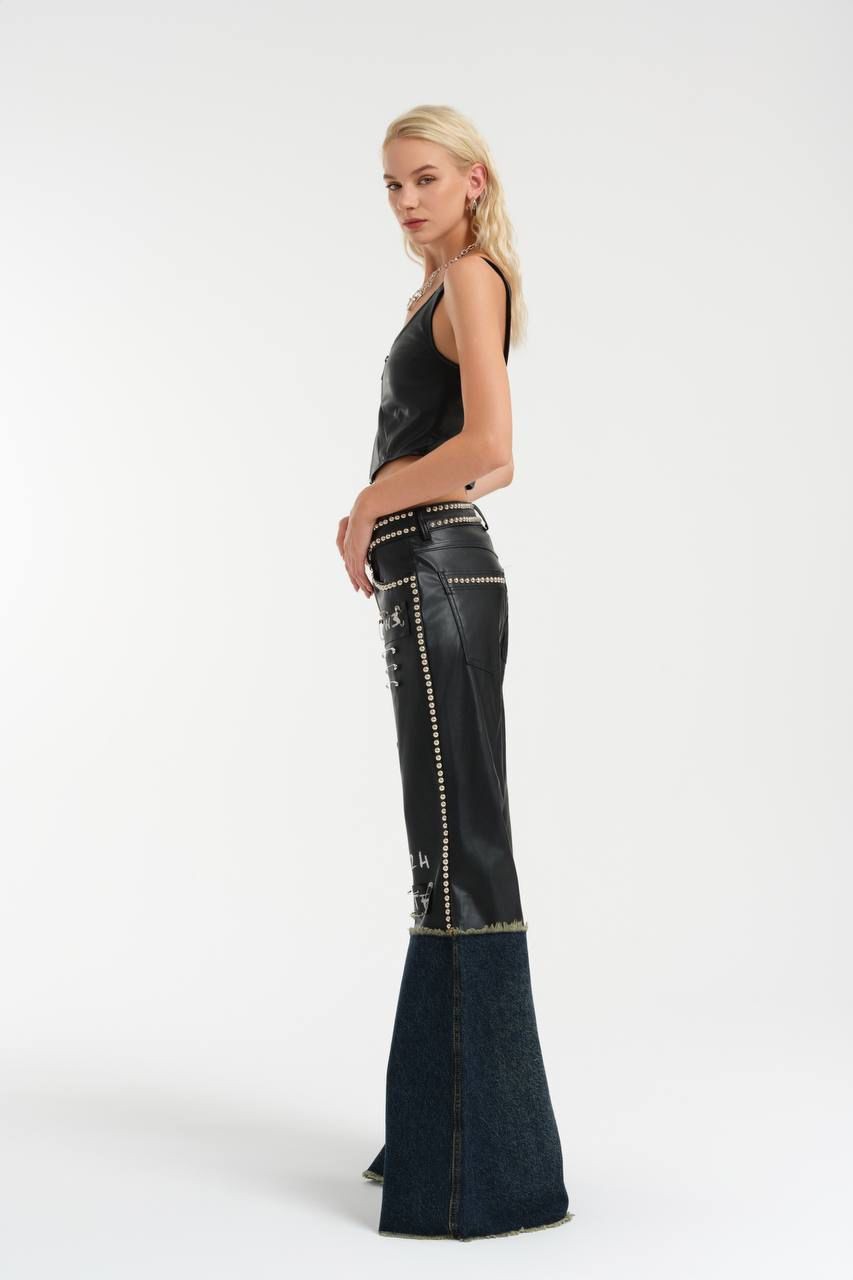 Denim Mixed, Flared Leg Leather Trousers