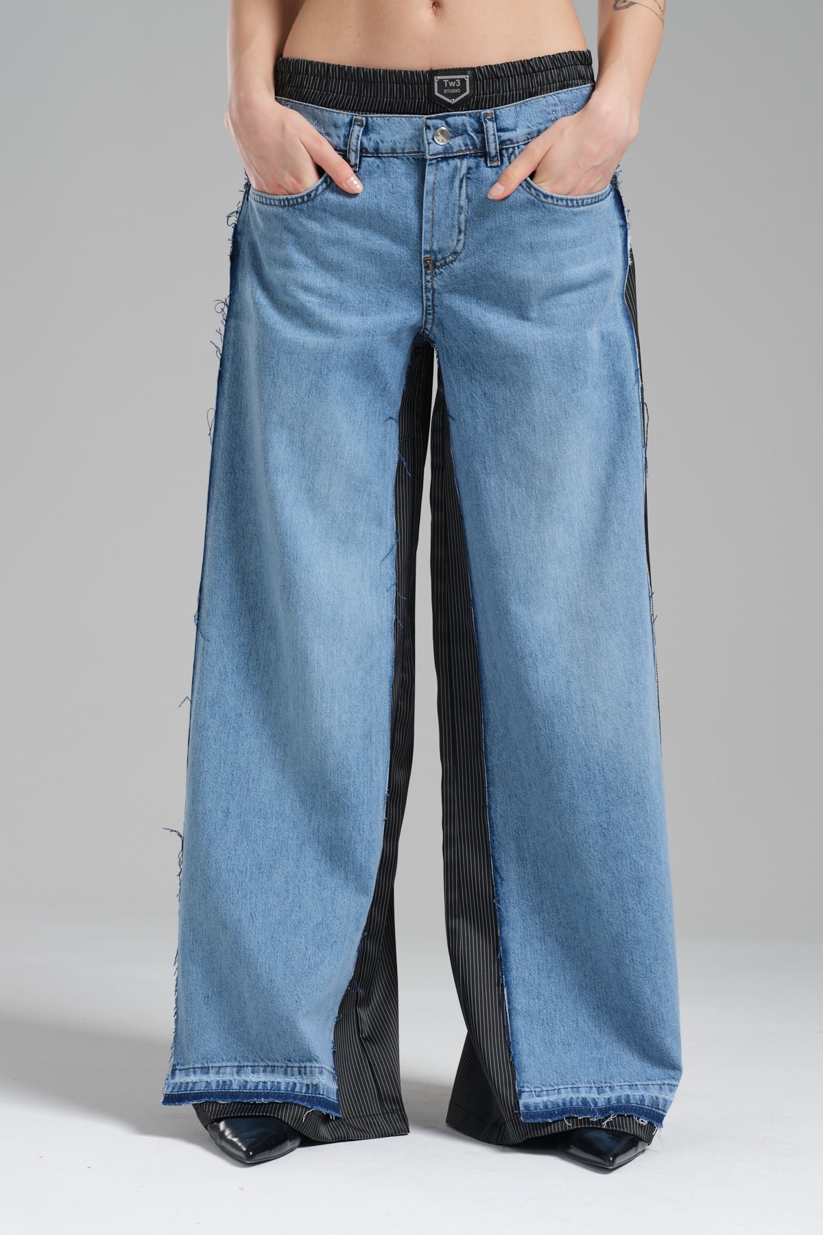 Kadın Denim ve Saten Garnili Tasarım Palazzo Pantolon