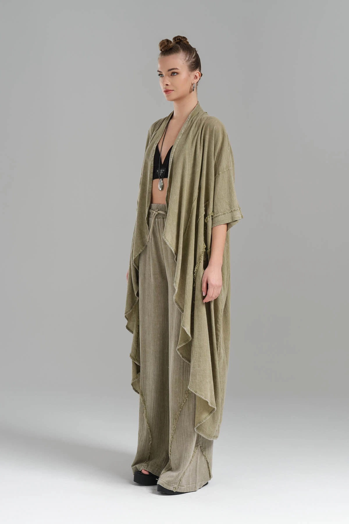 Kadın Parçaboya Keten Oversize Tasarım Uzun Ceket 