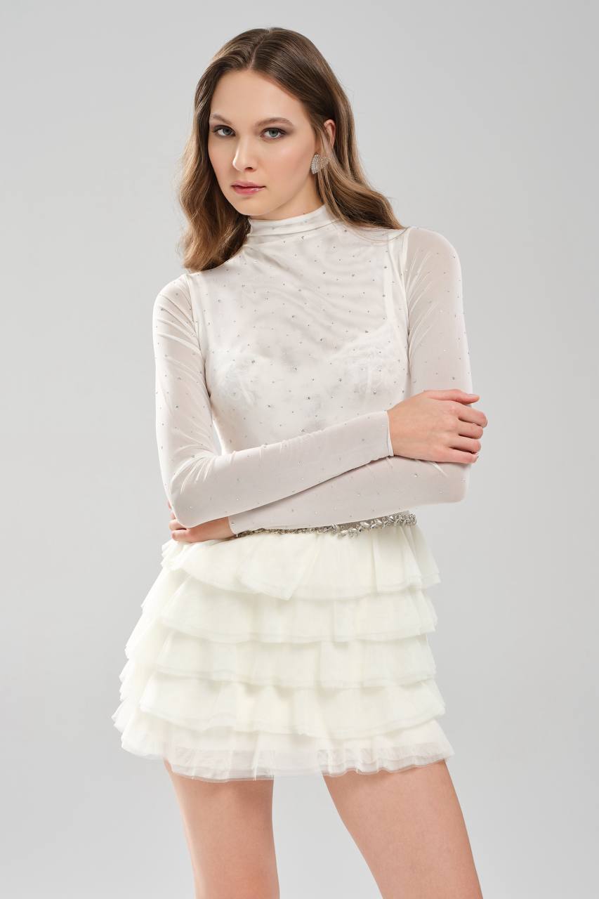 Kadın Tül Üzerine Taşlı Likralı Bel Kısmı El İşlemeli Tasarım Mini Elbise