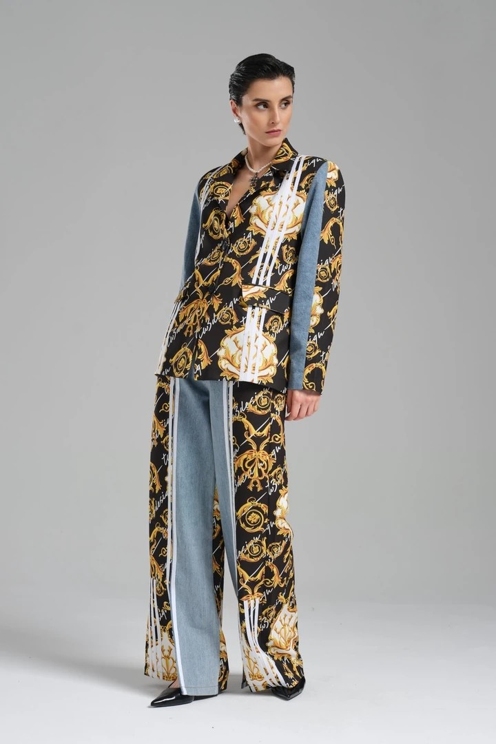 Women's Baroque Patterned Denim Fabric Garnished Leg Slit Design Palazzo Jean