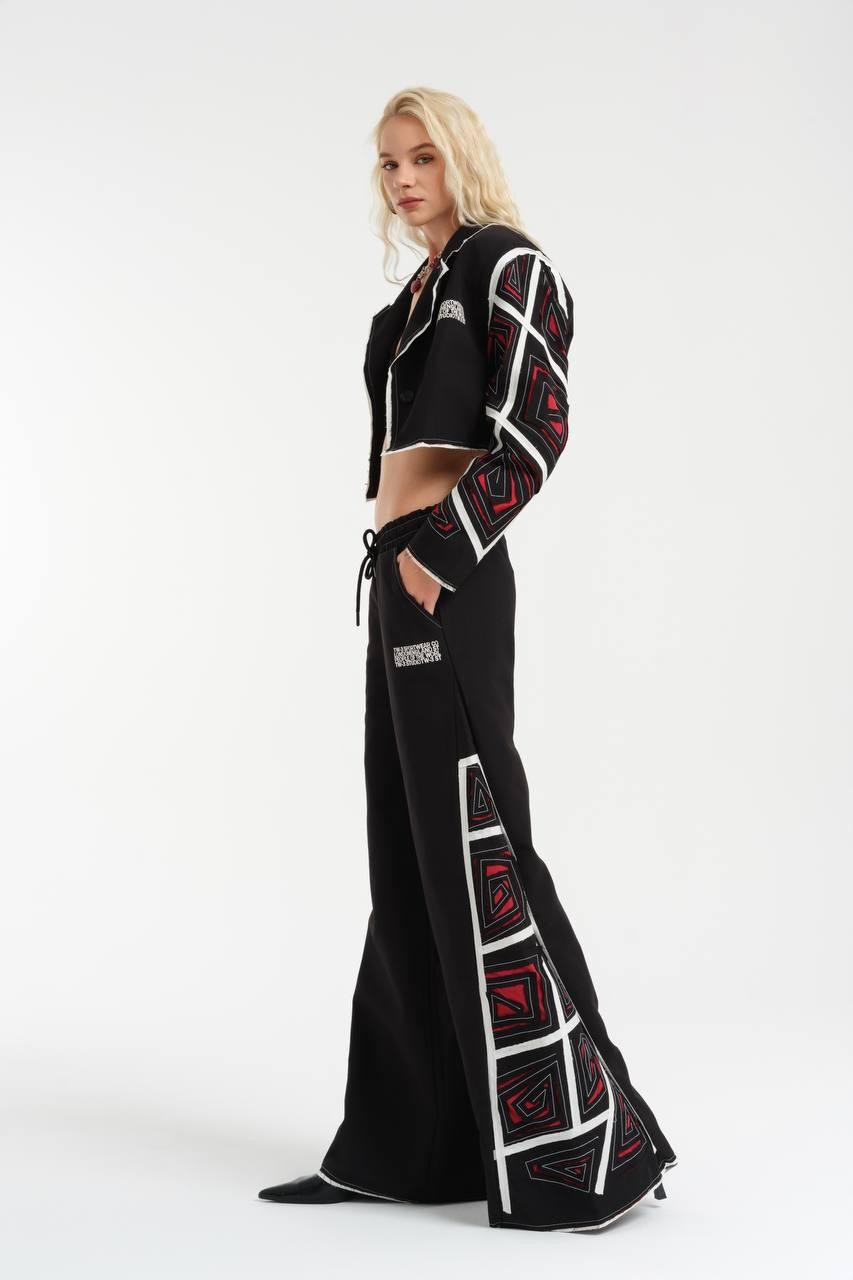 Wide Leg Trousers with Side Embroidery