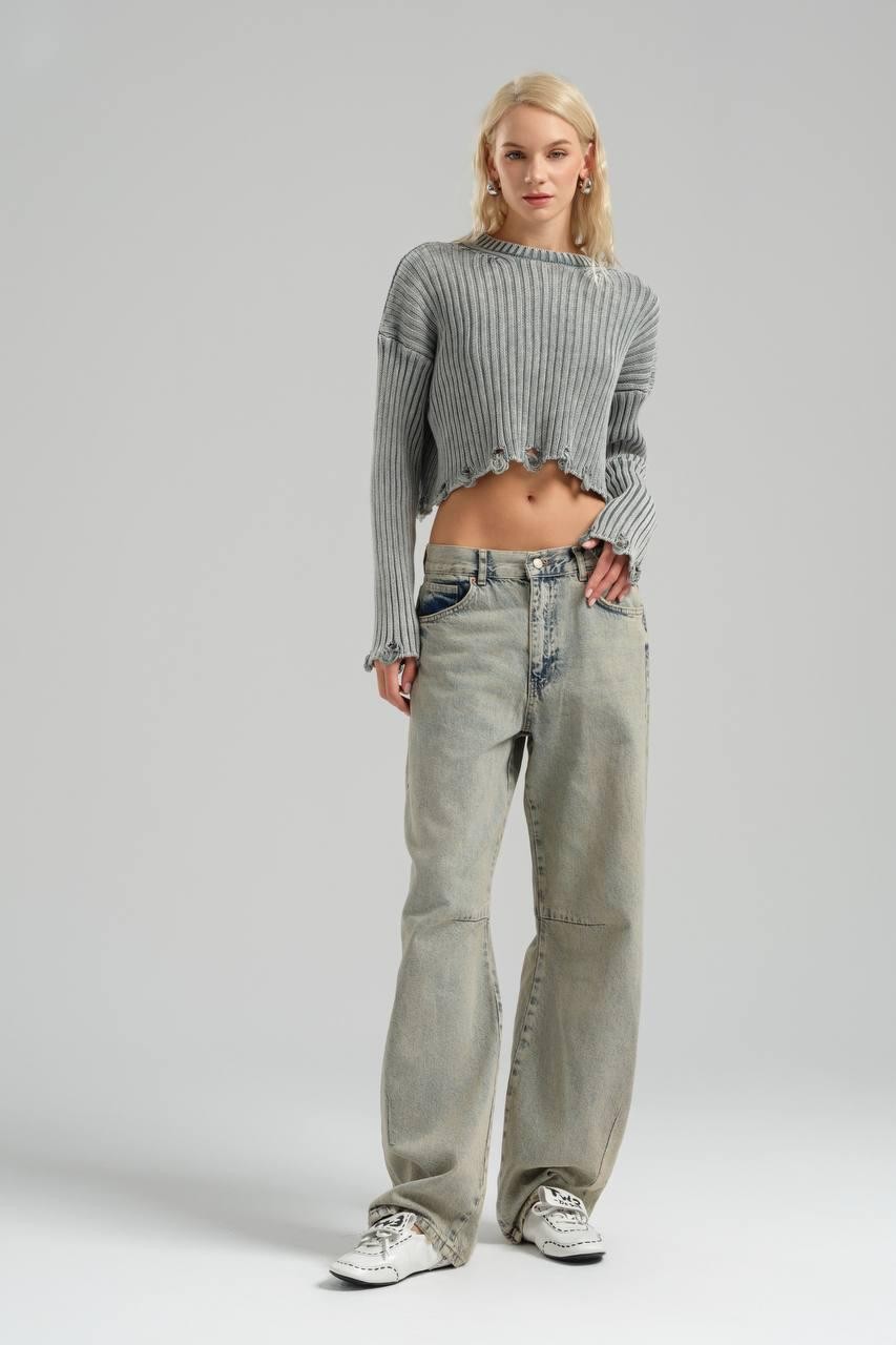 Washable, Ripped Detailed Knitwear Crop Sweater