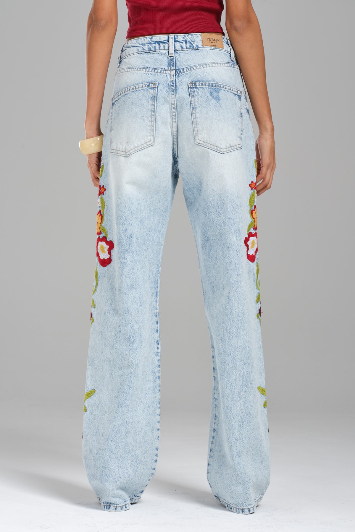 Kadın Snow Kot Rengi Çiçek Nakışlı Loose Fit Jean