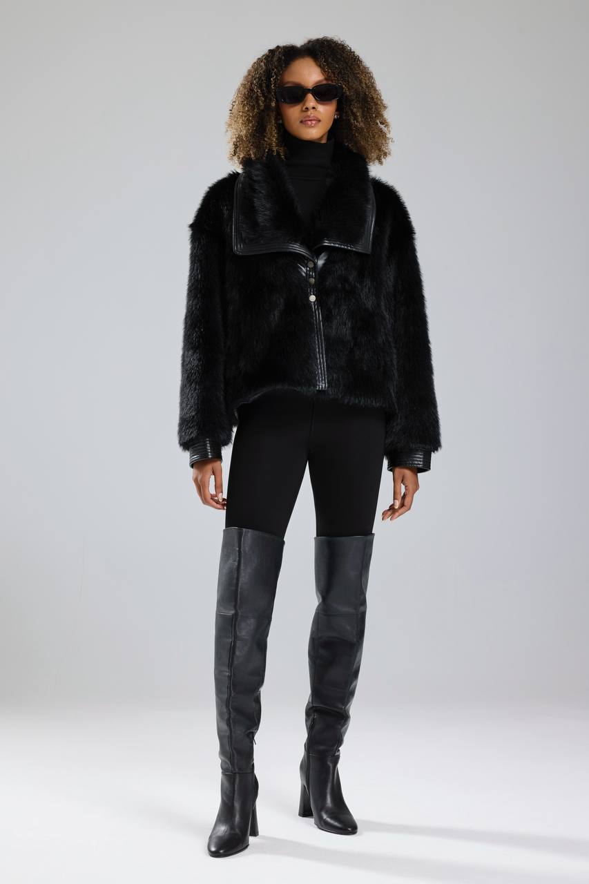 Kadın Kürk Yakası Kolları Deri Detaylı Premium Kalite Tasarım Kaban Mont