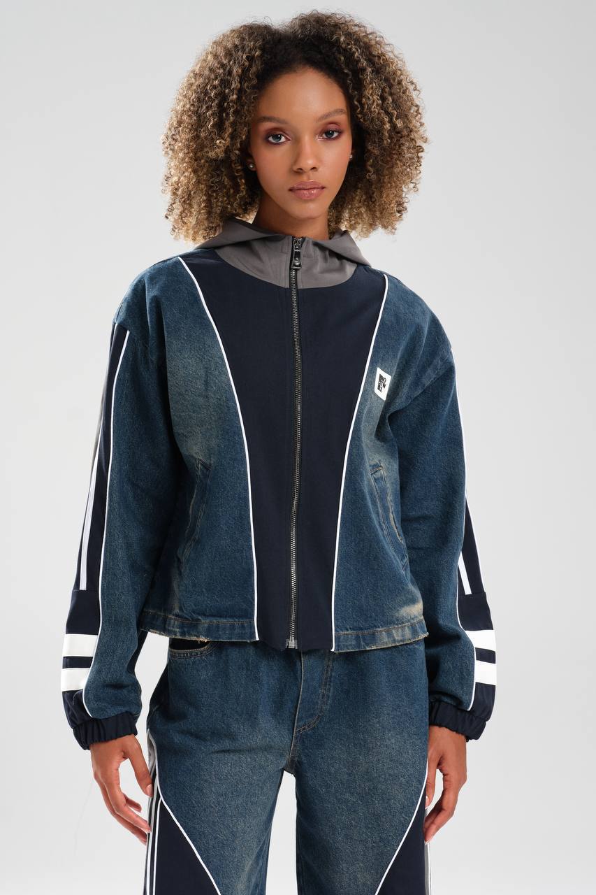 Kadın Denim Garnili Şerit Detaylı Tasarım Ceket