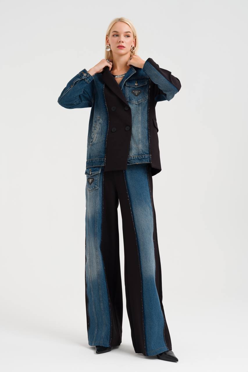 Denim Kumaş Garnili Kadın Tasarım Bol Paça Pantolon