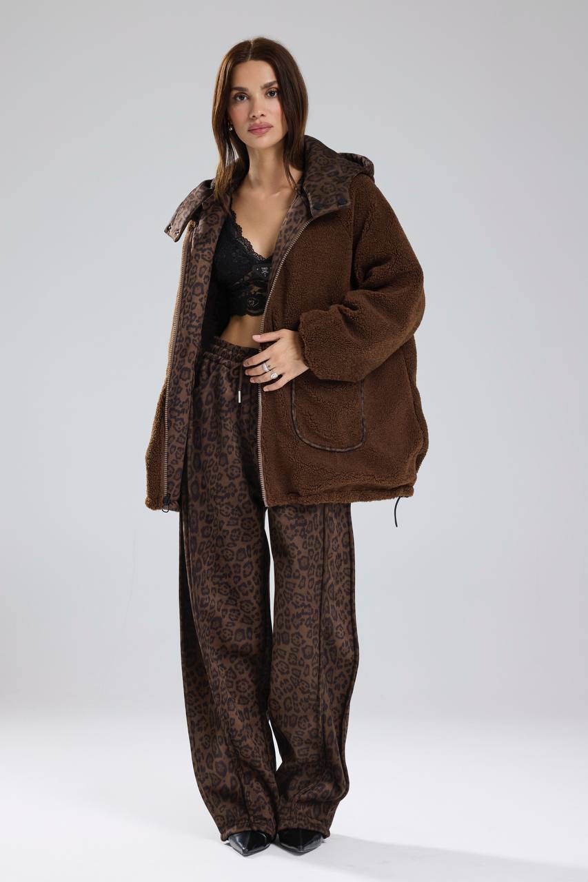 Kadın Leopar Süet Kumaş Beli Lastikli Tasarım Pantolon