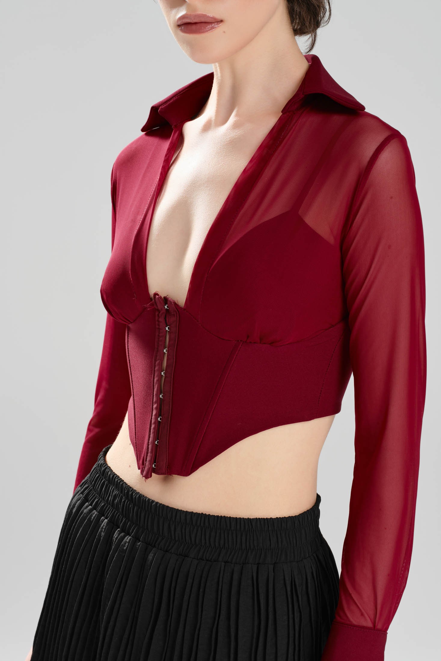 Kadın Bel Kısmı Korse Detaylı Tül Tasarım Crop Bluz