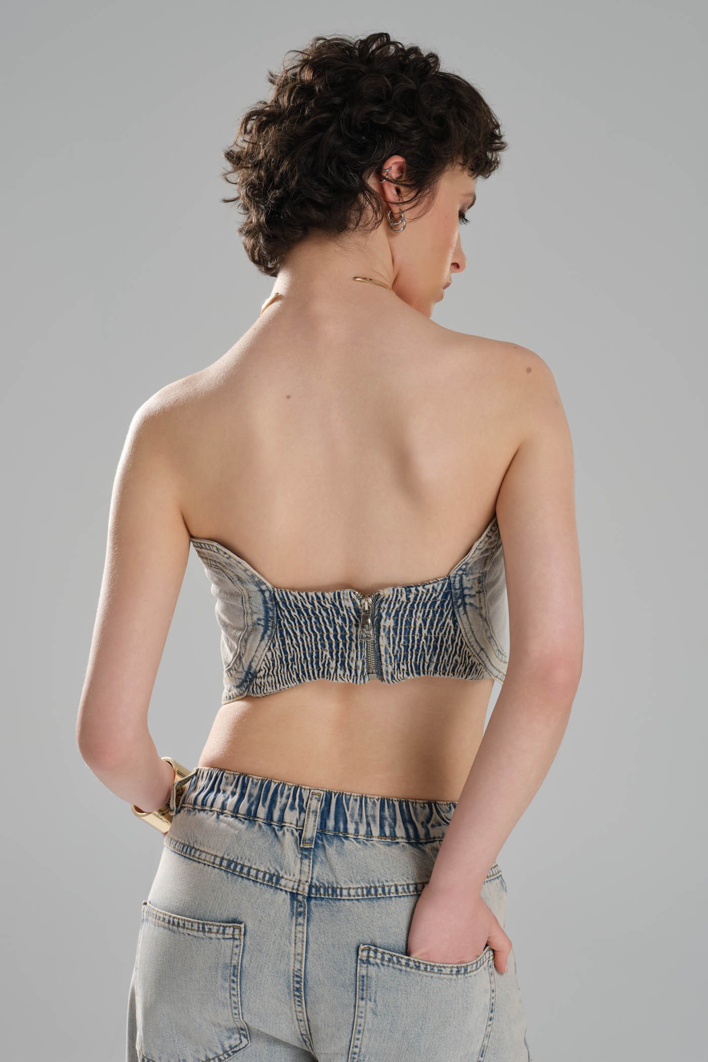 Kadın Kalp Detaylı Tasarım Denim Crop Büstiyer