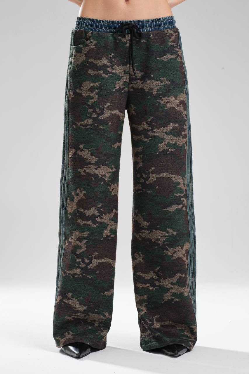 Kadın Kamuflaj Desenli Denim Garnili Tasarım Pantolon