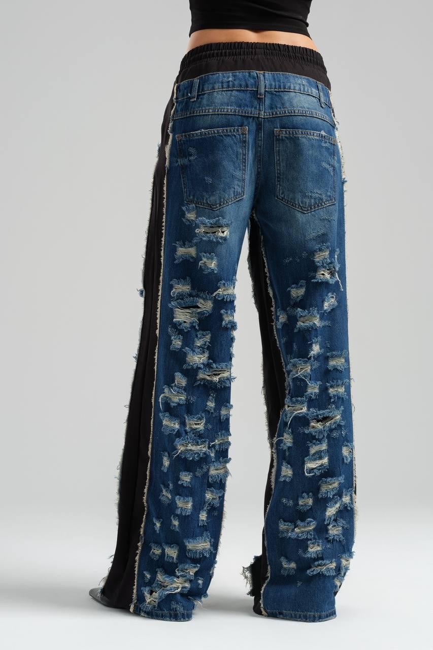 Jeans with Plenty of Rents and Woven Fabric Detail