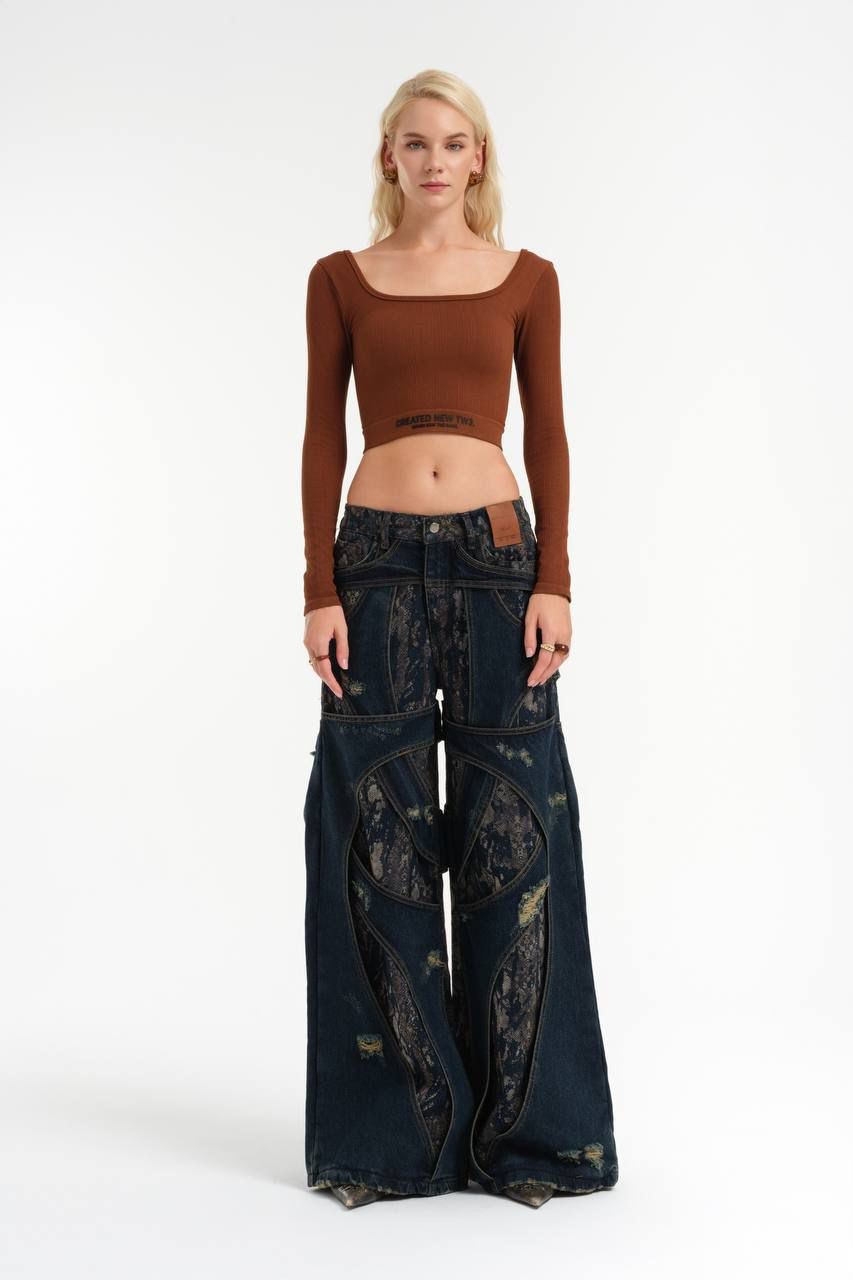 Snake Pattern Printed Mixed Wide Leg Jean