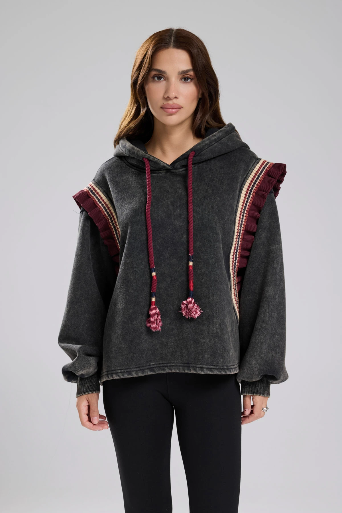 Kadın Yıkamalı Kolları Triko Fır Fır Detaylı Kapüşonlu Tasarım Sweatshirt