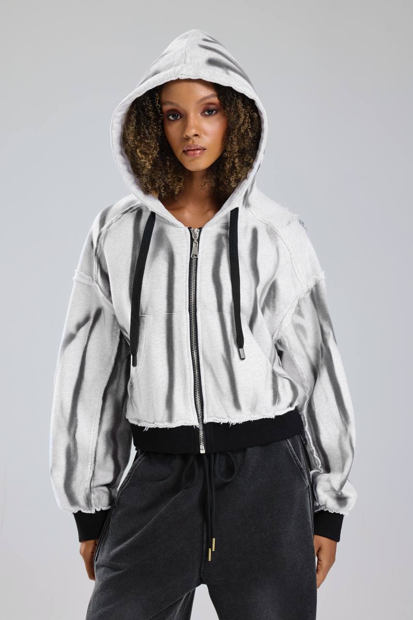 Kadın Örme Kumaş Baskı Detaylı İçi Astarlı Kapüşonlu Tasarım Ceket