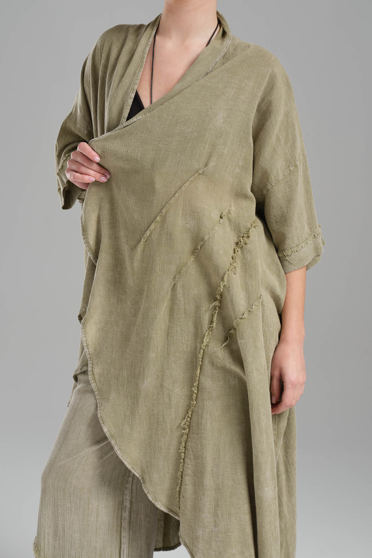 Kadın Parçaboya Keten Oversize Tasarım Uzun Ceket 