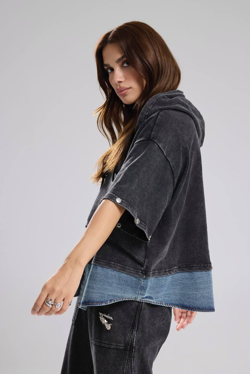 Kadın Denim Garnili Kolları Ayrılabilen Yıkamalı Tasarım Sweatshirt