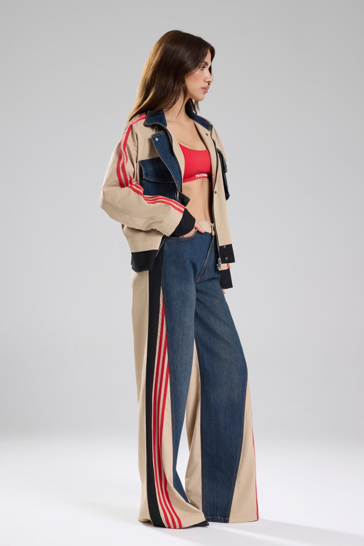 Kadın Şerit Detaylı Denim Garnili Tasarım Ceket
