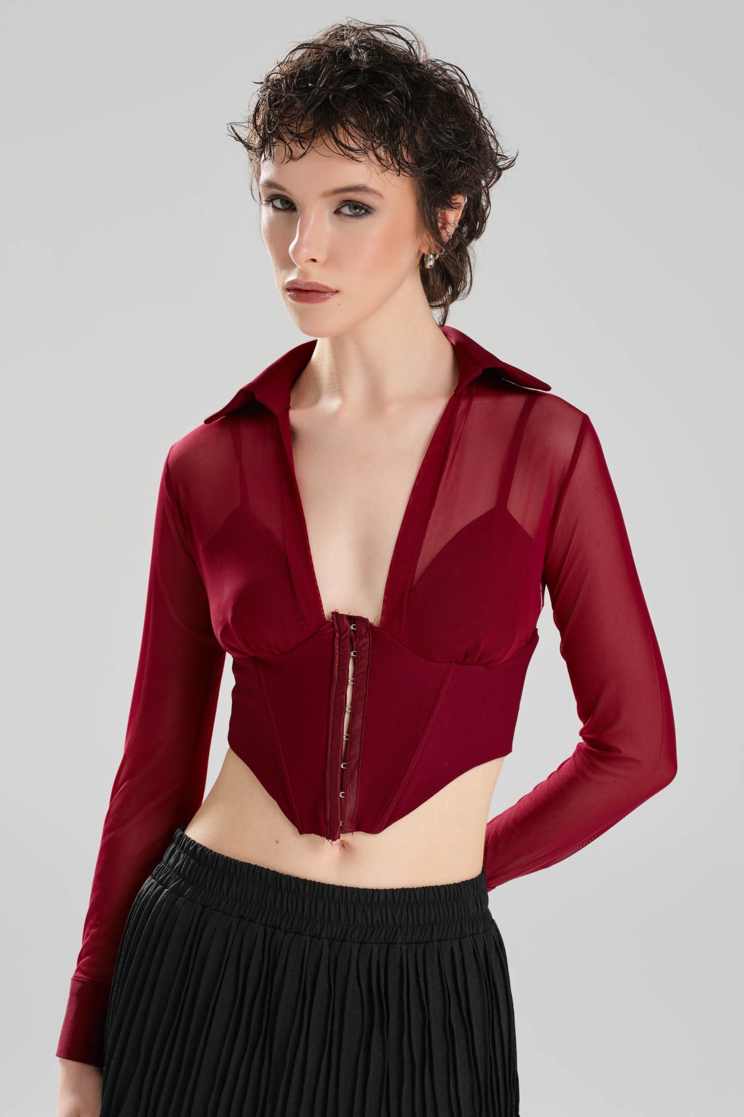 Kadın Bel Kısmı Korse Detaylı Tül Tasarım Crop Bluz
