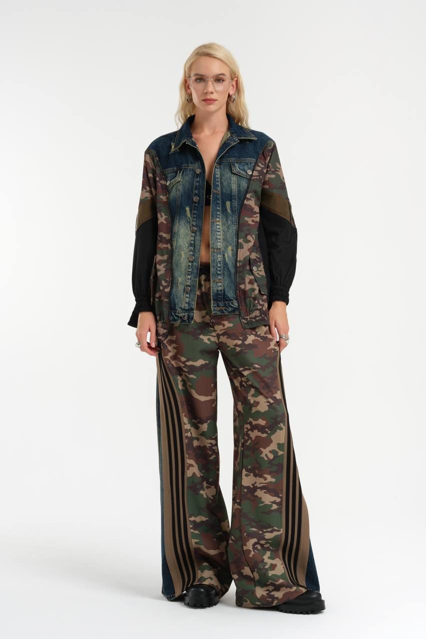 Camouflage Printed Denim Detailed Wide Leg Trousers