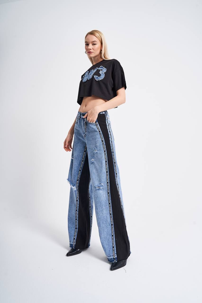 Black Gabardine Fabric Garnished, Striped Wide Leg Jean