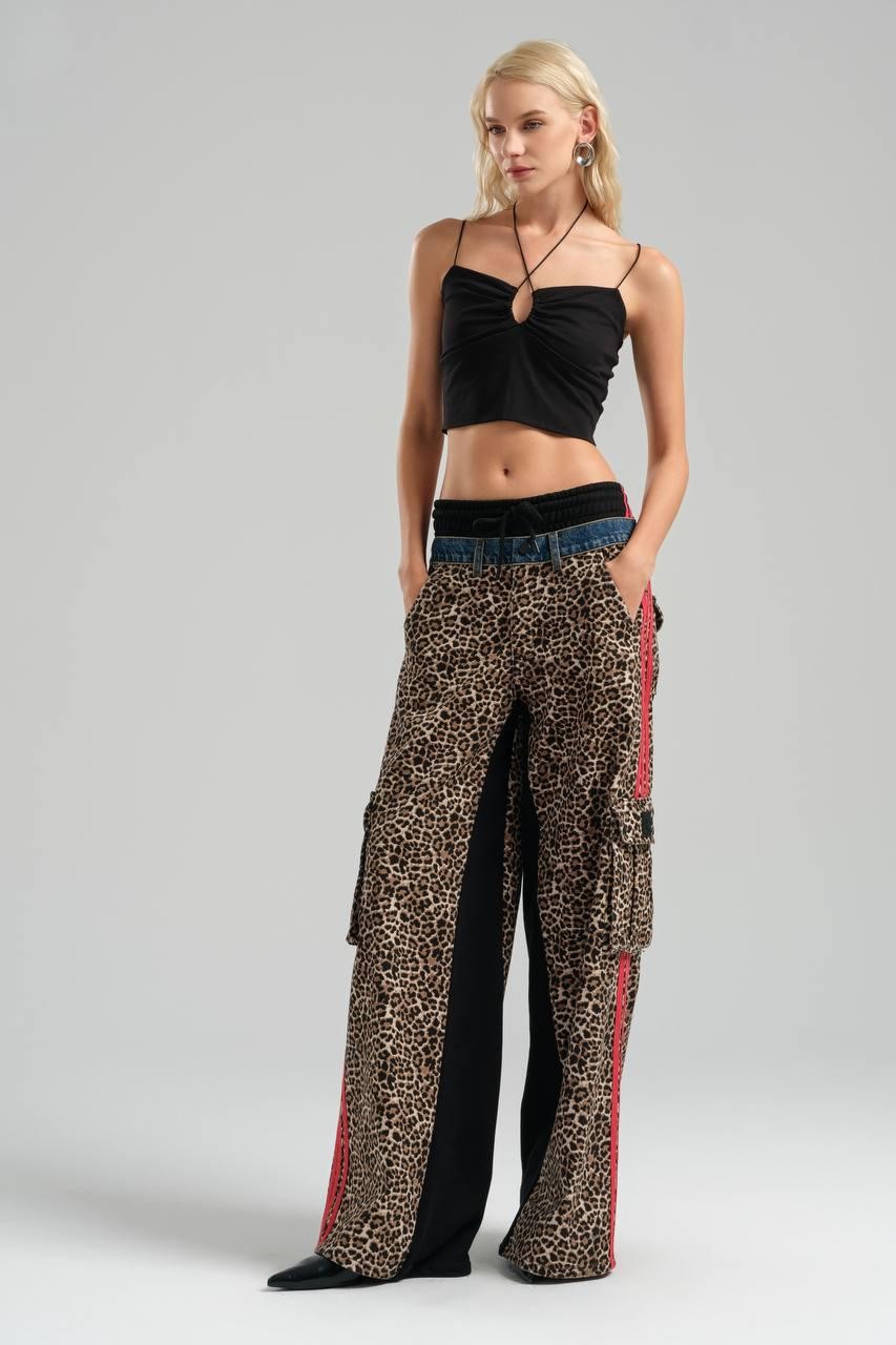 Leopard Patterned Gabardine Wide Leg Trousers