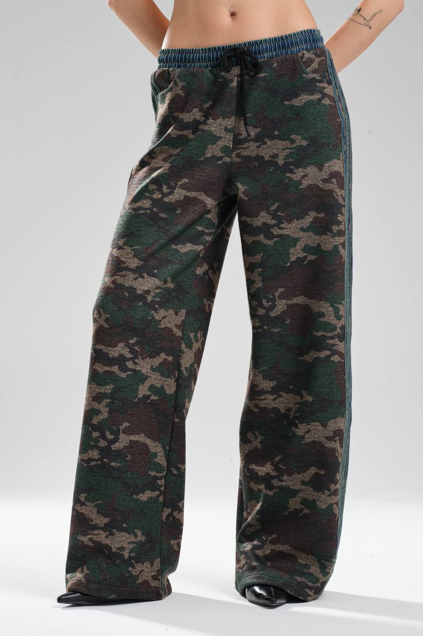 Kadın Kamuflaj Desenli Denim Garnili Tasarım Pantolon